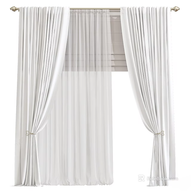 Elegant White Curtains With Tiebacks Double Layer Sheer And Thick Fabric For Home Window 3d model 