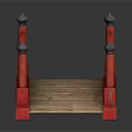 Red Arch Bridge With Red Railings Black Spherical Finials And Wooden Deck