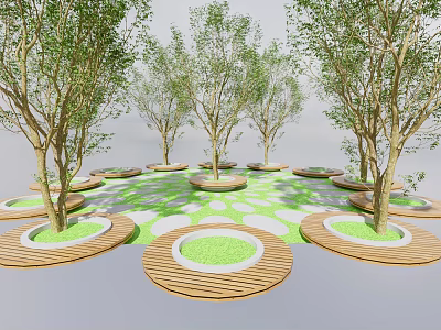 Round Wooden Flower Pots With Trees And Green Circular Ground Layout Design 3d model