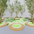 Round Wooden Flower Pots With Trees And Green Circular Ground Layout Design