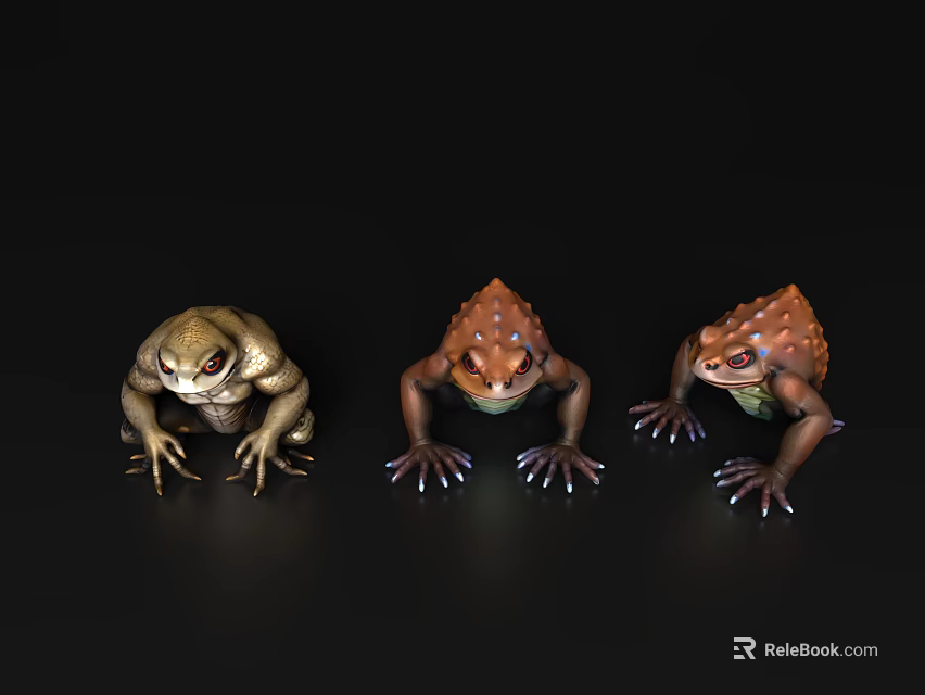Three Colorful Toads With Detailed Features Posed On Black Background 3d model 