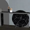 Modern Black Marble Console Table With Circular Design And Decorative Green Plant