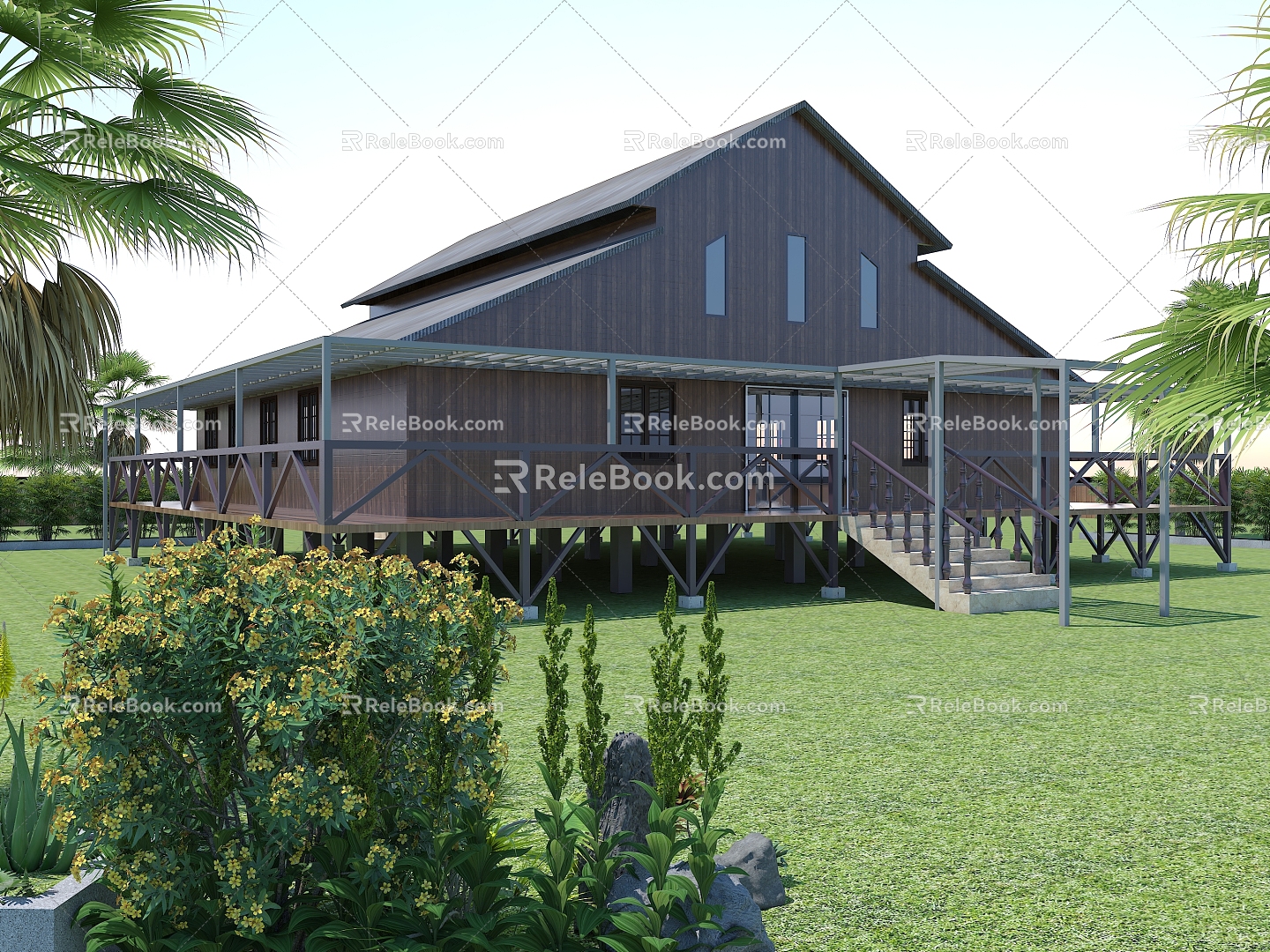 Modern wooden house outdoor courtyard house 3d model