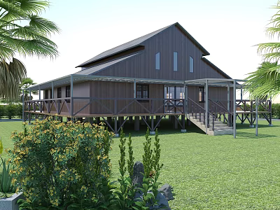 Wooden House Exterior With Covered Porch Railings Stairs Palm Trees Green Lawn And Flowering Shrubs 3d model