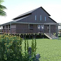 Wooden House Exterior With Covered Porch Railings Stairs Palm Trees Green Lawn And Flowering Shrubs