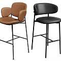 Brown And Black Leather Bar Stools With Backrest And Metal Frame Design 3d model