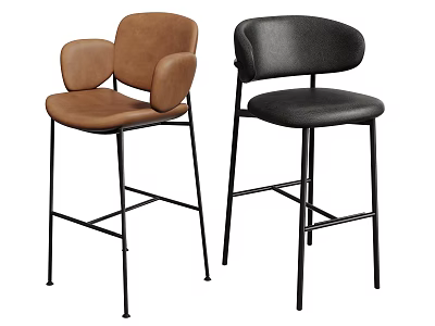Brown And Black Leather Bar Stools With Backrest And Metal Frame Design 3d model