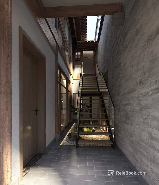 Modern Hallway Interior Design With Staircase Concrete Walls Wooden Door Lighting 3d model 