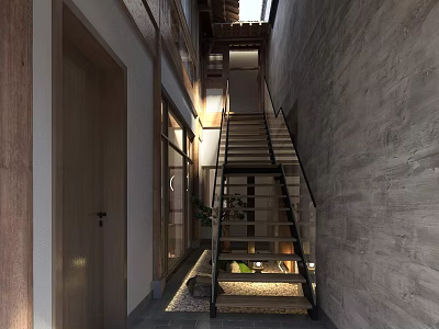 Modern Hallway Interior Design With Staircase Concrete Walls Wooden Door Lighting 3d model