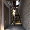 Modern Hallway Interior Design With Staircase Concrete Walls Wooden Door Lighting