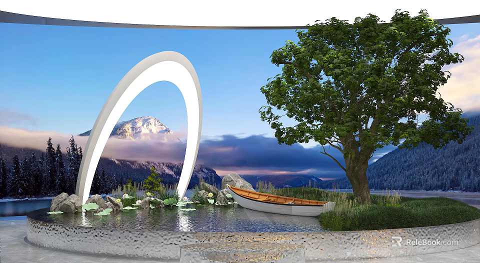 Public Office Area With Arc Water Rowboat And Natural Scenery 3d model 