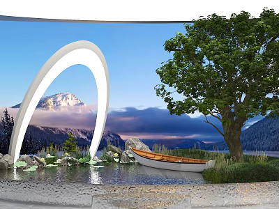 Public Office Area With Arc Water Rowboat And Natural Scenery 3d model