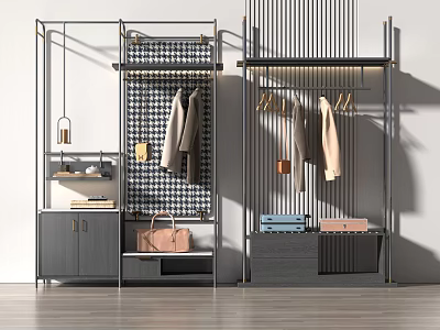 Modern Open Wardrobe Design With Metal Frame Hanging Coats Storage Cabinets And Leather Bag 3d model