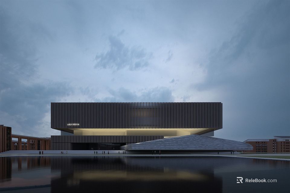 Modern Library Building With Contemporary Architectural Design Horizontal Lines Facade And Water Reflection 3d model 