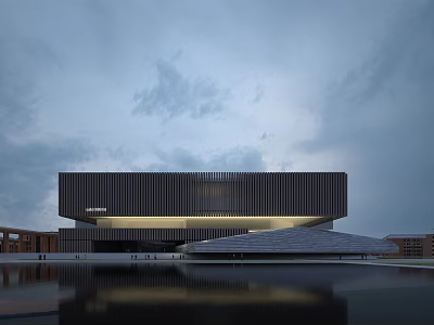 Modern Library Building With Contemporary Architectural Design Horizontal Lines Facade And Water Reflection 3d model