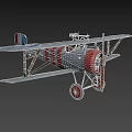 Vintage Biplane Fighter Plane with Red Propeller Red and White Striped Fuselage and Red Wheels