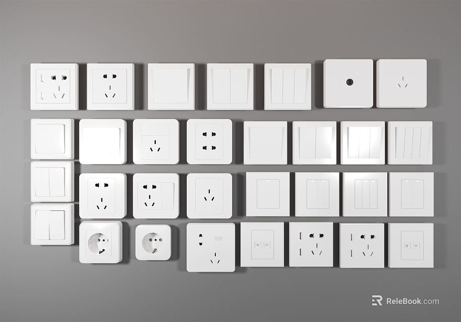 White Switch Panels Display With Multiple Various Types And Designs 3d model 