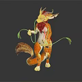 Game Movie Fantasy Character Orange Horned Long Tailed With White Fur Green Eyes Holding Ropes