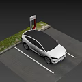 White Tesla SUV Electric Car Charging At Tesla Charging Station In Parking Lot