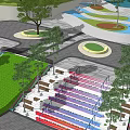 Garden Landscape Design with Colorful Steps Green Lawn Trees Metal Railings and White Structures