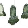 Three Ancient Stone and Wood Tombstones With Carved Details and Vintage Design
