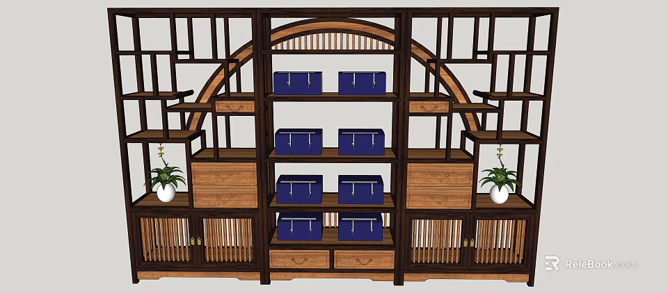 Traditional Chinese Wooden Display Shelf With Blue Storage Boxes Drawers And Potted Plants 3d model 