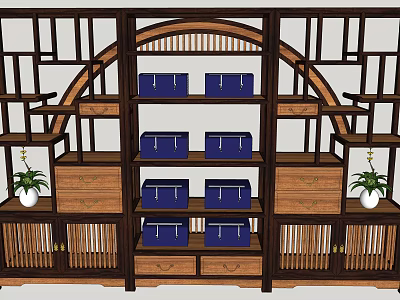 Traditional Chinese Wooden Display Shelf With Blue Storage Boxes Drawers And Potted Plants 3d model
