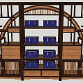 Traditional Chinese Wooden Display Shelf With Blue Storage Boxes Drawers And Potted Plants