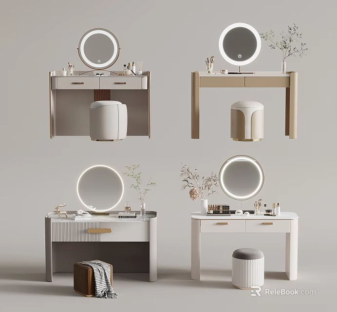 Elegant Modern Dressing Table With Round Mirror Stool And Decorative Items 3d model