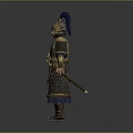 Man In Ancient Ornate Armor With Gold And Blue Decoration Wearing Feather Helmet Holding Sword