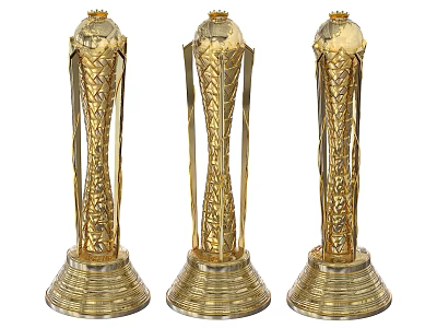 Three Ornate Golden Trophies With Intricate Carvings And Decorative Bases 3d model