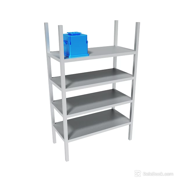 Metal Shelving Unit With Multiple Gray Layers And Blue Plastic Box 3d model 