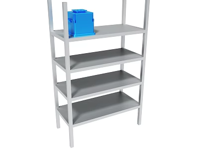 Metal Shelving Unit With Multiple Gray Layers And Blue Plastic Box 3d model