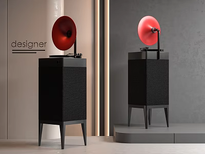 Designer Audio Speakers With Black Cabinet And Red Horn For Modern Interior 3d model