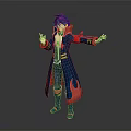 3D Game Movie Character With Blue Purple Hair Dark Blue Coat Red Flame Patterns Pose