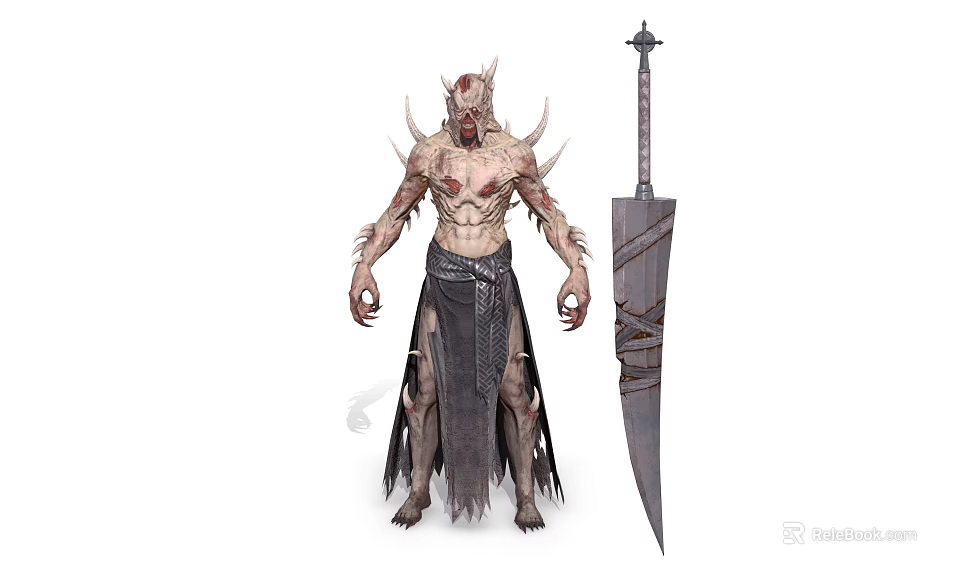 Game Movie Character With Horns and Spikes Muscular Build In Tattered Clothing Holding Giant Sword 3d model 