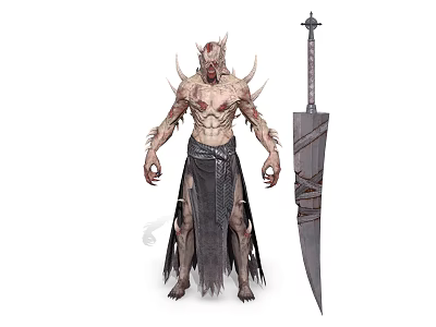 Game Movie Character With Horns and Spikes Muscular Build In Tattered Clothing Holding Giant Sword 3d model