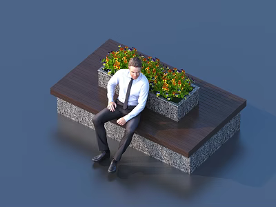 Garden Ornament Bench With Wooden Top Stone Base And Colorful Flower Planter 3d model