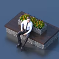 Garden Ornament Bench With Wooden Top Stone Base And Colorful Flower Planter