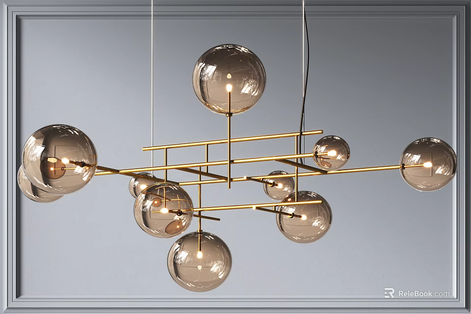 Modern Geometric Chandelier With Golden Metal Frame And Transparent Glass Balls 3d model 