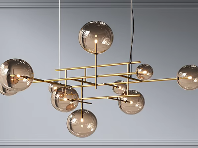 Modern Geometric Chandelier With Golden Metal Frame And Transparent Glass Balls 3d model