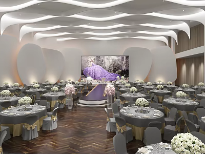 Elegant Banquet Hall With Round Tables White Floral Arrangements Stage Large Screen And Curved Decor 3d model