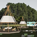 Garden Landscape With Tepees Green Trees Camper Van And Night Lighting