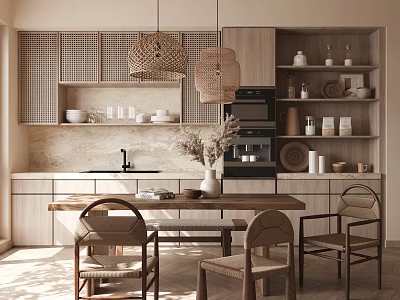 Modern Cozy Restaurant Interior With Wooden Dining Table Rattan Pendant Lights and Marble Countertops 3d model