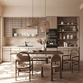 Modern Cozy Restaurant Interior With Wooden Dining Table Rattan Pendant Lights and Marble Countertops