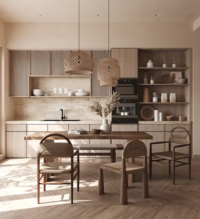 Modern Cozy Restaurant Interior With Wooden Dining Table Rattan Pendant Lights and Marble Countertops 3d model