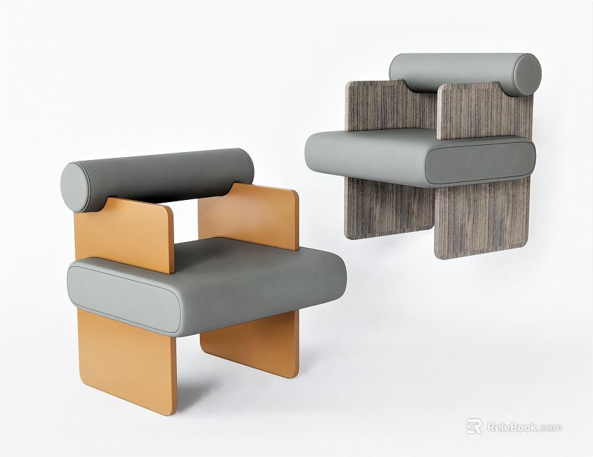 Modern Two Tone Single Sofa with Gray Cushions and Wooden Frame Minimalist Design 3d model 