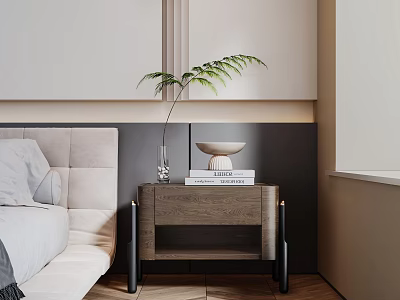 Minimalist Bedroom Interior With Modern Nightstand Fern Plant And Books 3d model