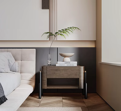 Minimalist Bedroom Interior With Modern Nightstand Fern Plant And Books 3d model
