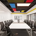 Modern Office Corridor With Blue Flooring Glass Walls White Doors Red Ceiling And Lighting Strips